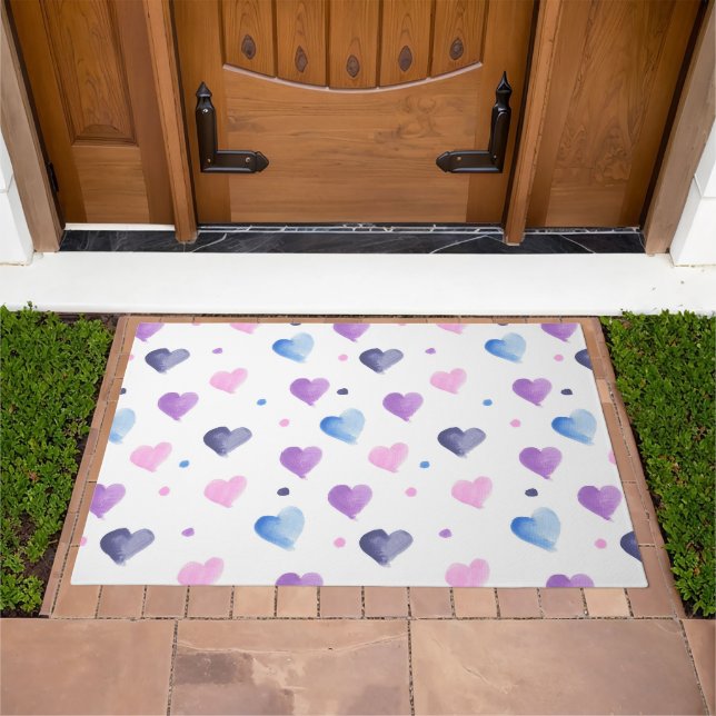 Watercolor Hearts Pattern Pink Purple Blue Doormat (Outdoor)