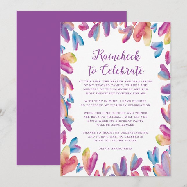 Watercolor Hearts Postponement Invitation (Front/Back)