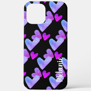 Watercolor Hearts Purple Pink Bold Monogrammed iPhone 12 Pro Max Case