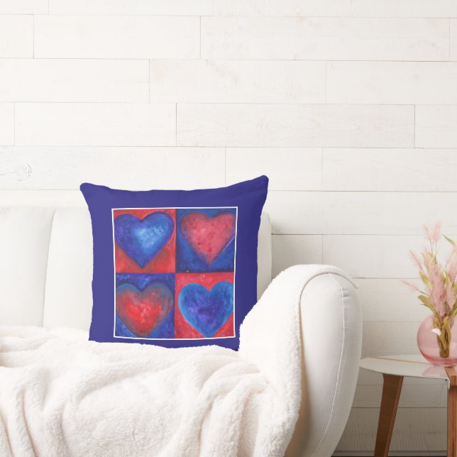 Watercolor Hearts Red Blue Purple Heart Art  Throw Pillow (Couch)