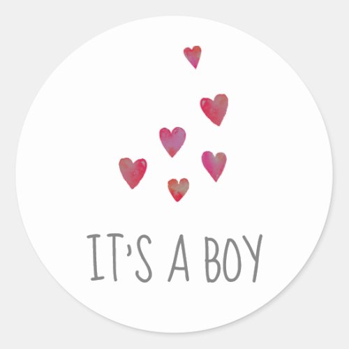 Watercolor Hearts  Red Its A Boy Baby Shower Classic Round Sticker