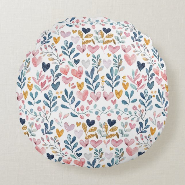 Watercolor hearts round pillow (Front)