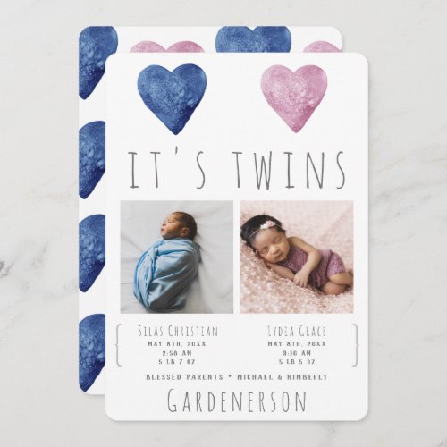 Watercolor Hearts Twins Announcement