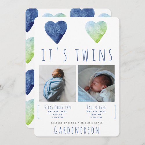 Watercolor Hearts Twins Announcement