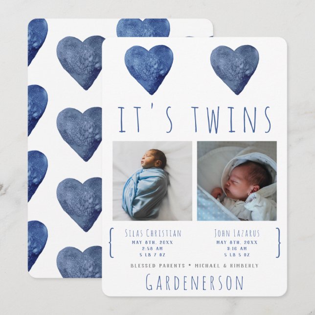 Watercolor Hearts Twins Boys Announcement (Front/Back)