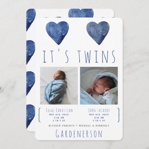 Watercolor Hearts Twins Boys Announcement