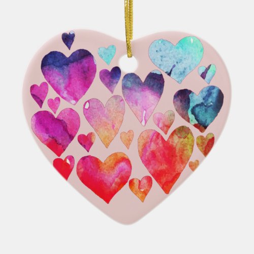Watercolor Hearts Valentines Ceramic Ornament