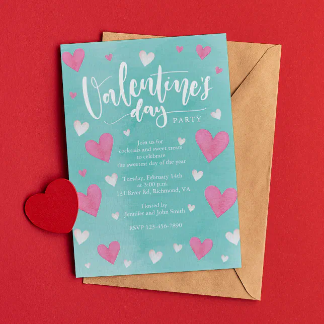 Watercolor Hearts Valentines Day Party Invitation | Zazzle