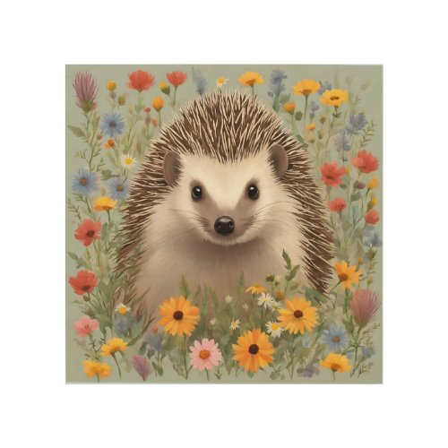 Watercolor Hedgehog and Colorful Wildflowers  Wood Wall Art