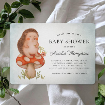 Watercolor Hedgehog And Mushroom Blue Baby Shower Invitation by UnwrappedVisuals at Zazzle