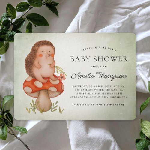 Watercolor Hedgehog And Mushroom Green Baby Shower Invitation