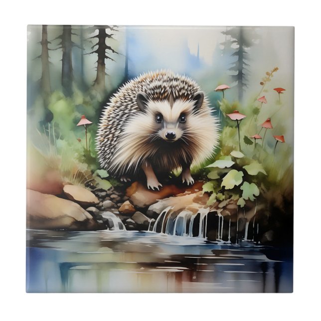 Watercolor Hedgehog Animal Ceramic Tile (Front)