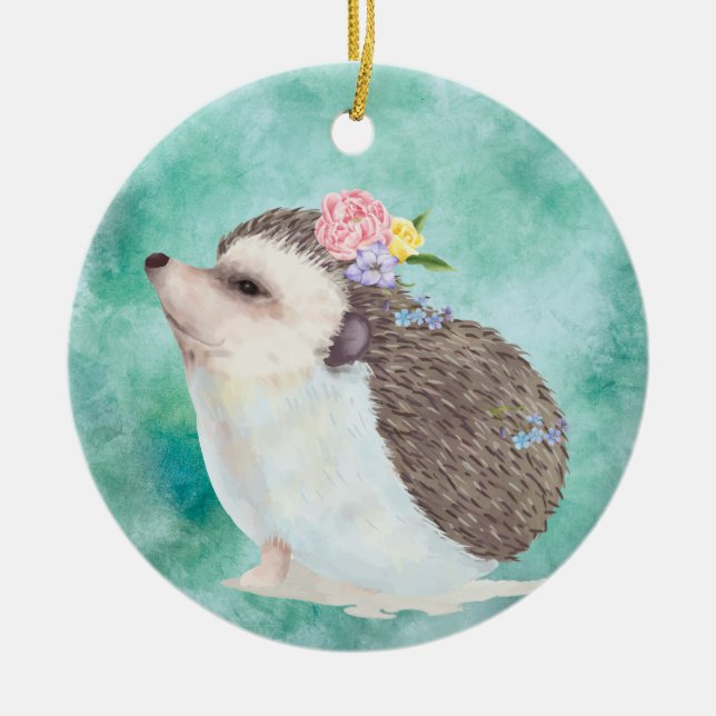 Watercolor Hedgehog Ceramic Ornament (Front)