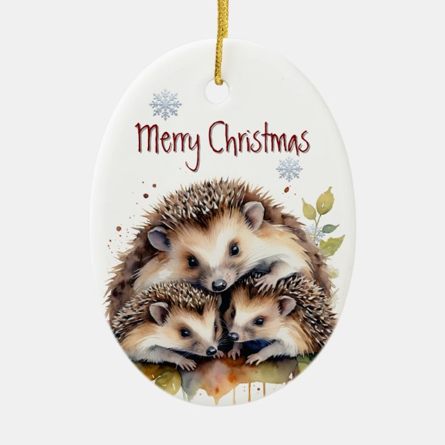 Watercolor Hedgehog Family Wildlife  Animal Custom Ceramic Ornament (Front)
