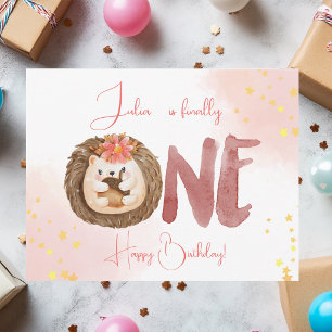 Watercolor hedgehog first Happy Birthday Card