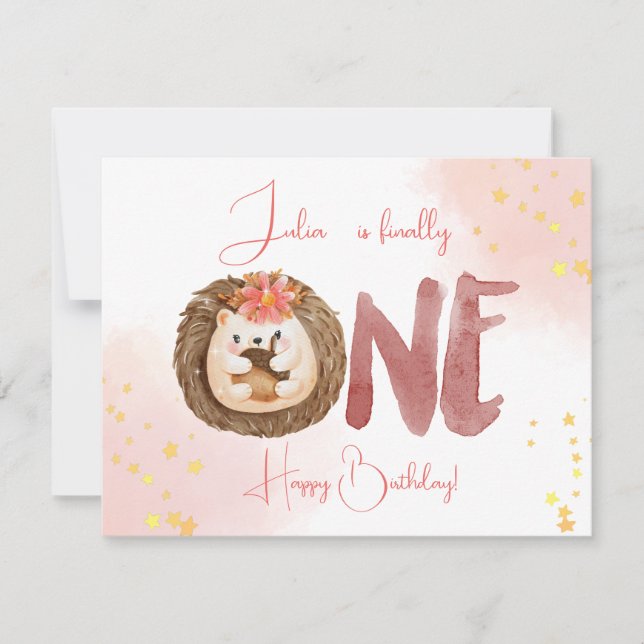 Watercolor hedgehog first Happy Birthday Card (Front)