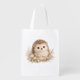 Watercolor Hedgehog Garden Illustration Grocery Bag