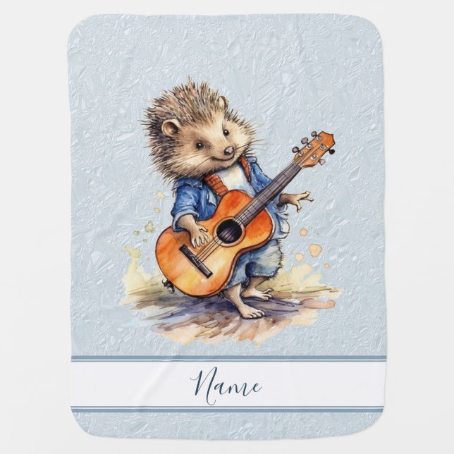 Watercolor Hedgehog Guitar Baby Blanket (Front)