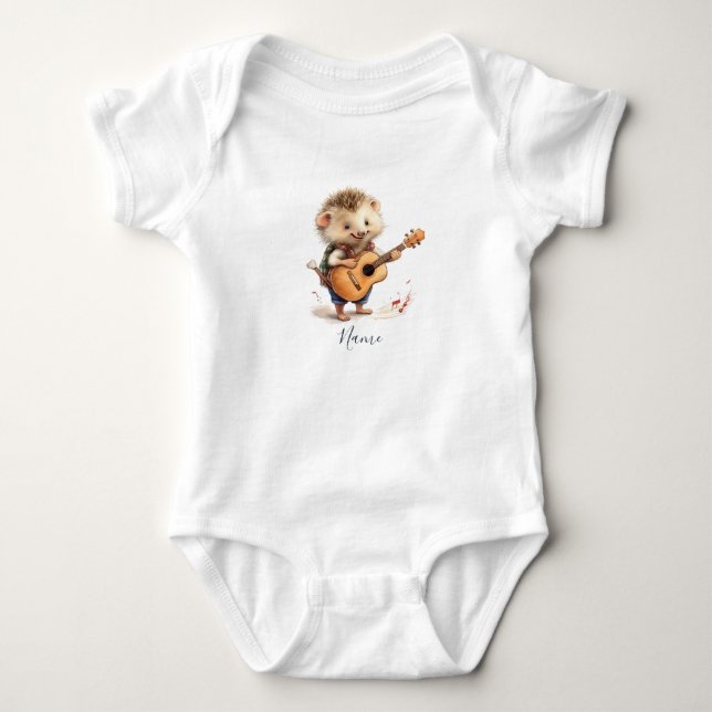 Watercolor Hedgehog Guitar Baby Bodysuit (Front)
