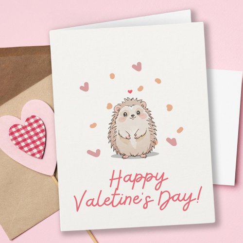 Watercolor Hedgehog  Pink Hearts Valentines Day Card