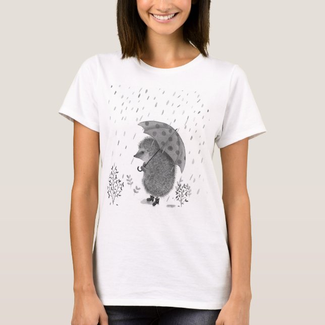 Watercolor Hedgehog Rain Whimsical Illustration  T-Shirt (Front)