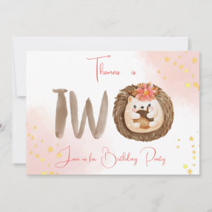 Watercolor hedgehog second 2nd Birthday Invitation