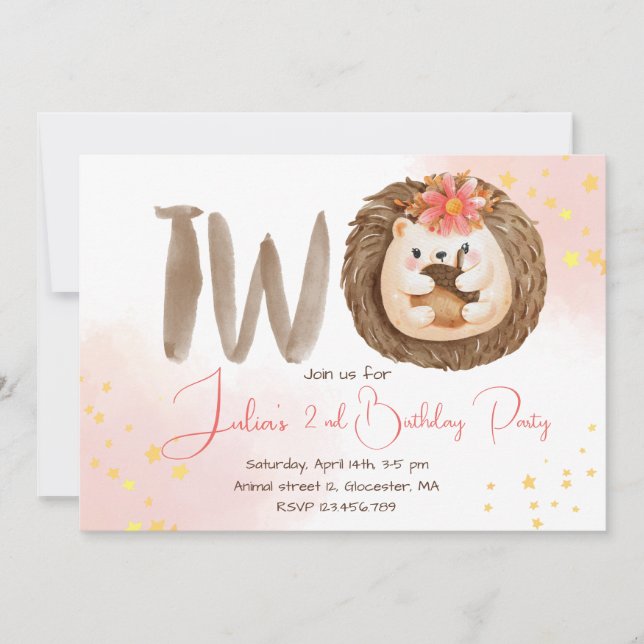 Watercolor hedgehog second Birthday Invitation (Front)