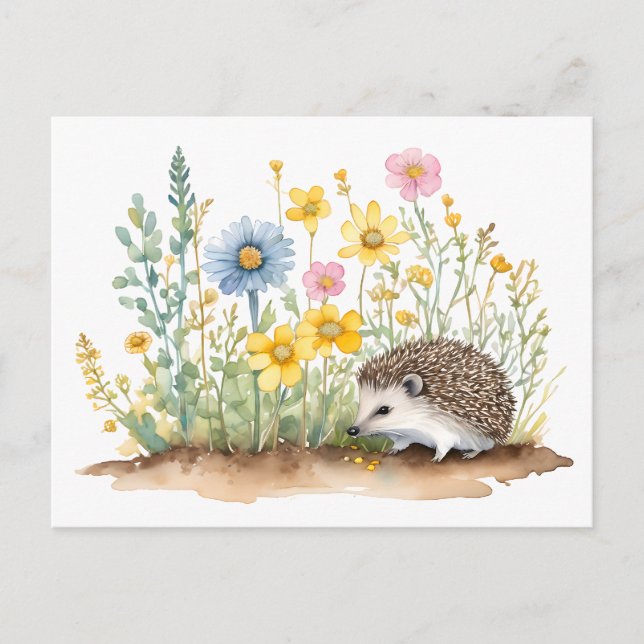Watercolor Hedgehog & Wildflowers – Nature Postcard (Front)