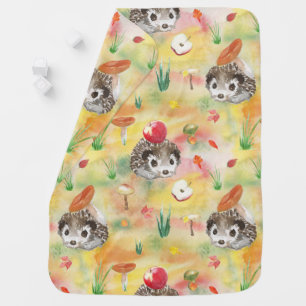 Watercolor hedgehog with mushrooms and apple baby blanket