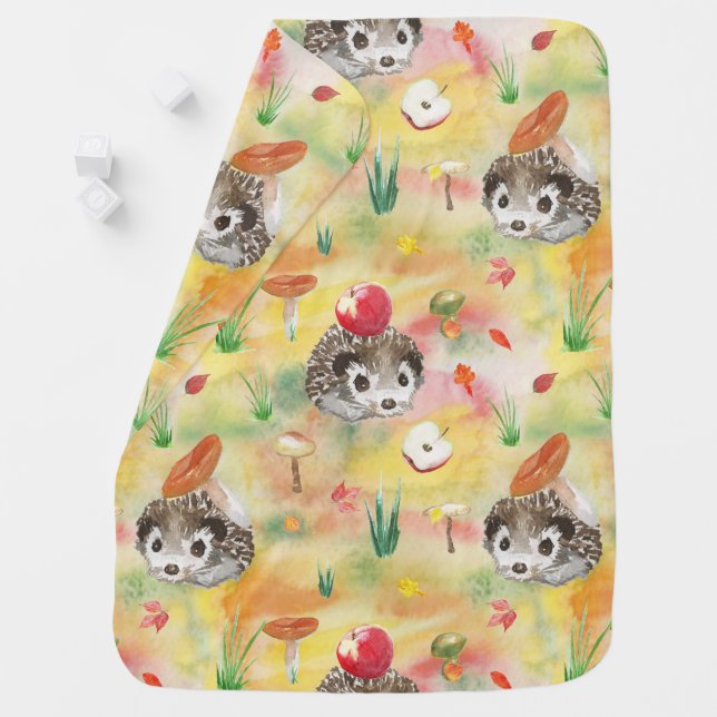 Watercolor hedgehog with mushrooms and apple baby blanket (In Situ)