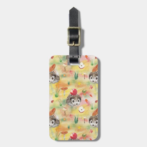 Watercolor hedgehog with mushrooms and apple luggage tag