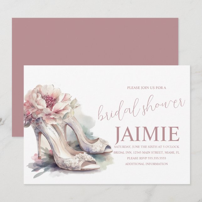 Watercolor Heel Floral Bridal Shower Blush Pink Invitation (Front/Back)