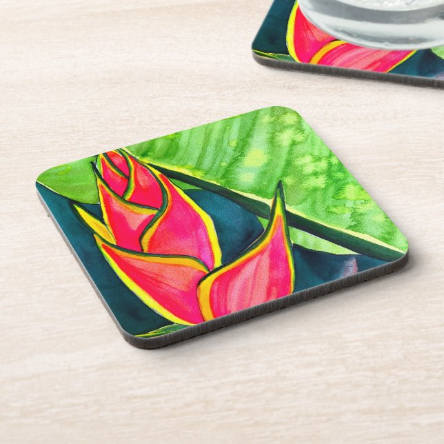 Watercolor heliconia tropical flower beverage coaster (Left Side)