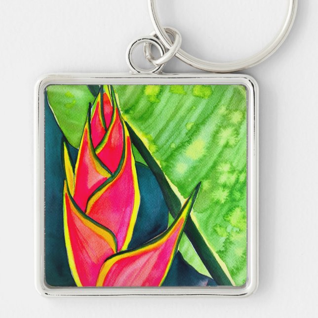 Watercolor heliconia tropical flower keychain (Front)