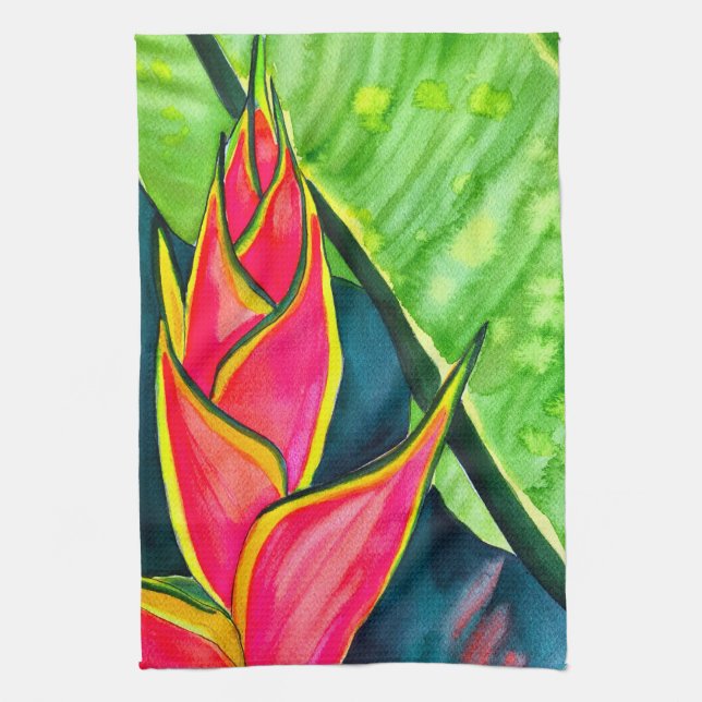 Watercolor heliconia tropical flower kitchen towel (Vertical)