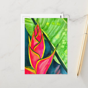 Watercolor heliconia tropical flower postcard