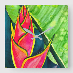 Watercolor heliconia tropical flower square wall clock