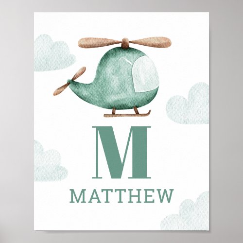 Watercolor helicopter Baby boy monogram Nursery Poster