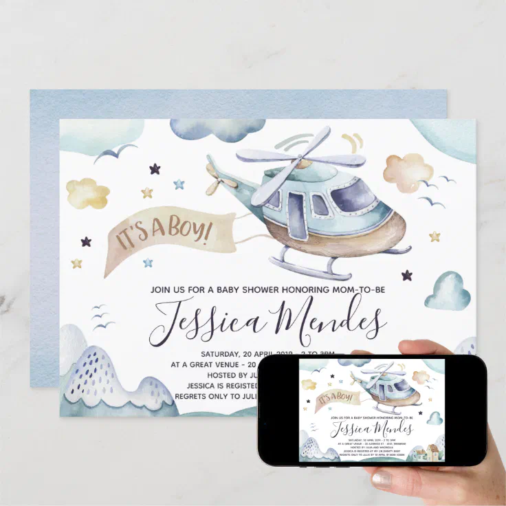 Watercolor Helicopter Baby Boy Shower Invitation (Downloadable)