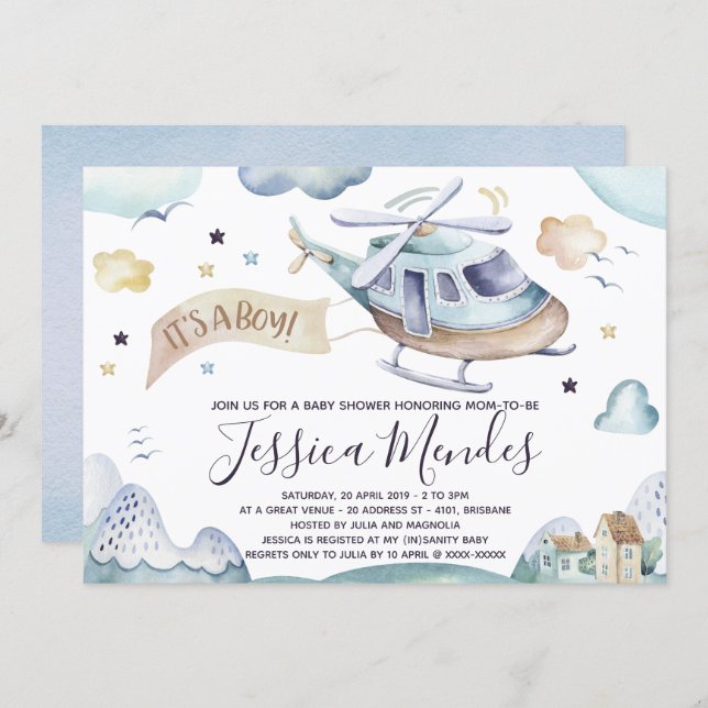 Watercolor Helicopter Baby Boy Shower Invitation (Front/Back)