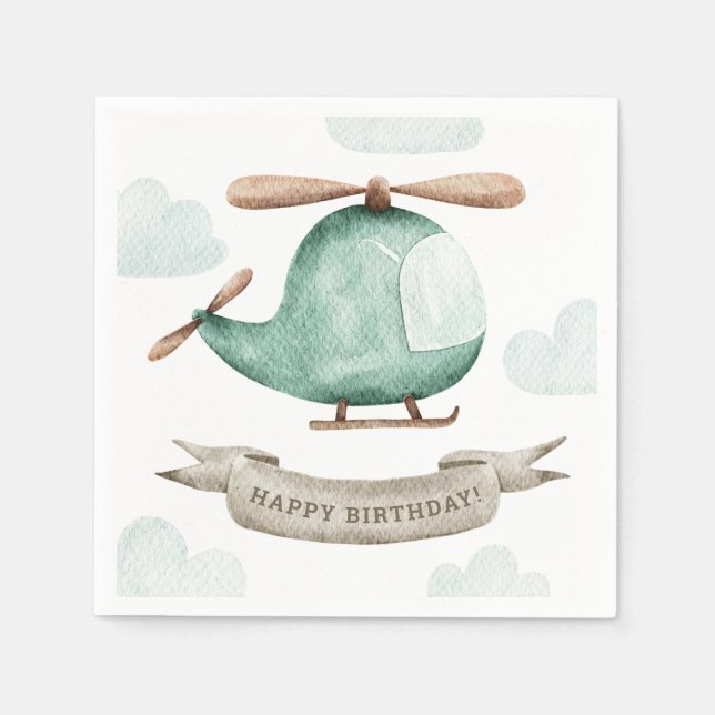 Watercolor Helicopter Birthday | Cute Kids Party Napkins (Front)