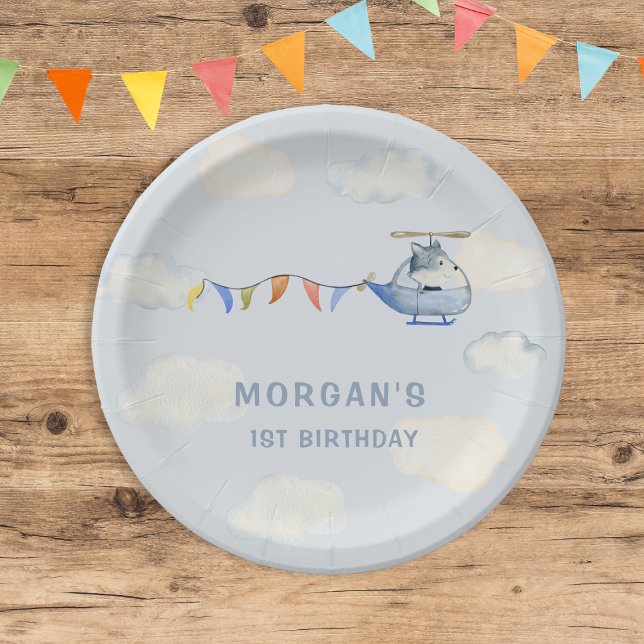 Watercolor Helicopter Cute Wolf First Birthday Paper Plates (Creator Uploaded)