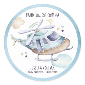 Watercolor Helicopter Party Blue Classic Round Sticker