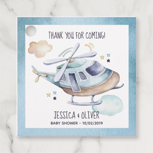 Watercolor Helicopter Party Blue Favor Tags