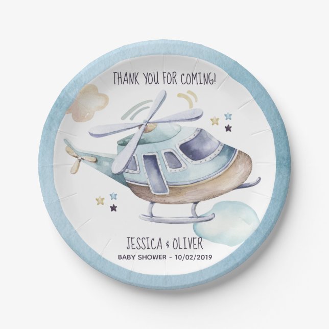 Watercolor Helicopter Party Blue Paper Plates (Front)