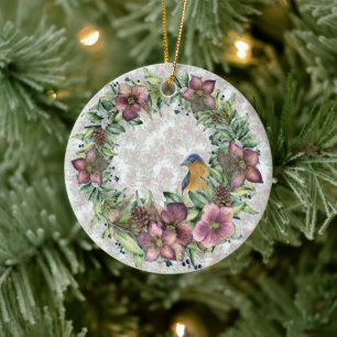 Watercolor Hellebore Floral Wreath With Bird Ceramic Ornament
