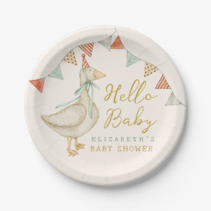 Watercolor Hello Baby Duck. Toys Baby Shower Paper Plates