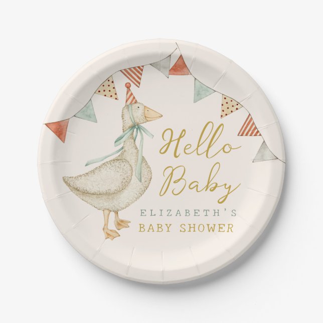 Watercolor Hello Baby Duck. Toys Baby Shower  Paper Plates (Front)