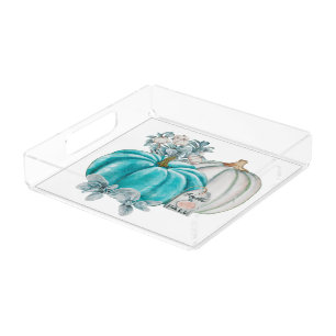 Watercolor Hello Fall Leaves Boho Blue Pumpkin Acrylic Tray