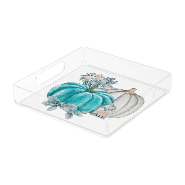 Watercolor Hello Fall Leaves Boho Blue Pumpkin Acrylic Tray (Angled)